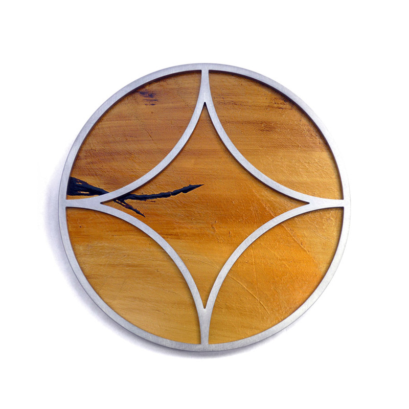 Into the Fire V, wall installation, 250mm diameter (each piece) stainless steel, custom wood, bitumen, acrylic, 2009