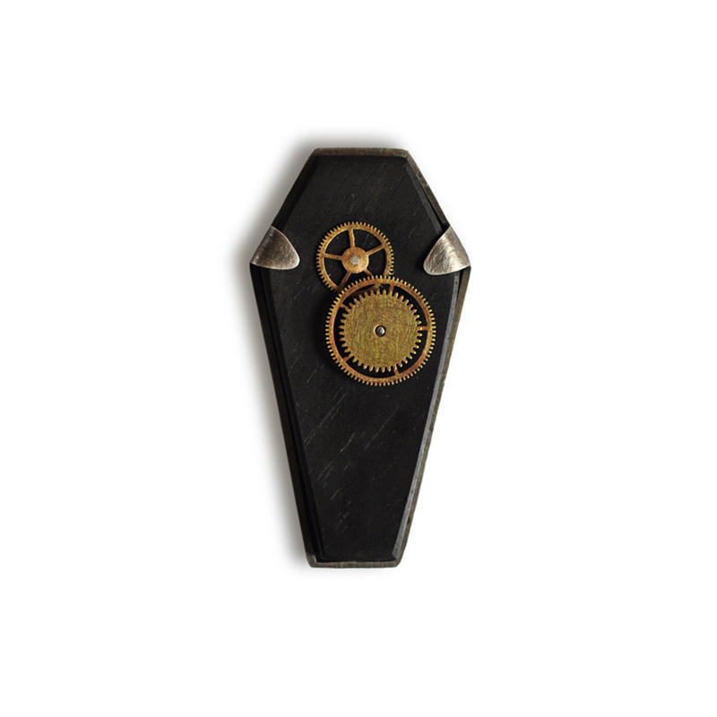 Is this the End?, brooch, sterling silver, ebony, brass watch mechanisms, 2012
