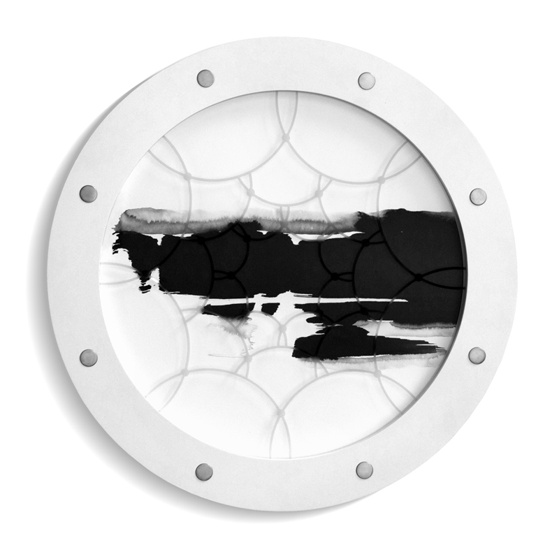 Into the Unknown, 450mm diameter, Ink on paper, sand-blasted glass, brass-and-steel rivets, lacquered custom wood, 2011
