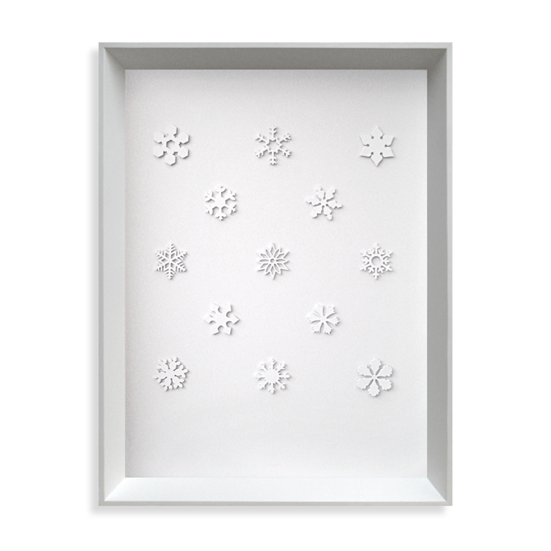 "The Snow Falls, Each Flake in its Appropriate Place." Framed collection, sterling silver, brass, enamel paint, 2009